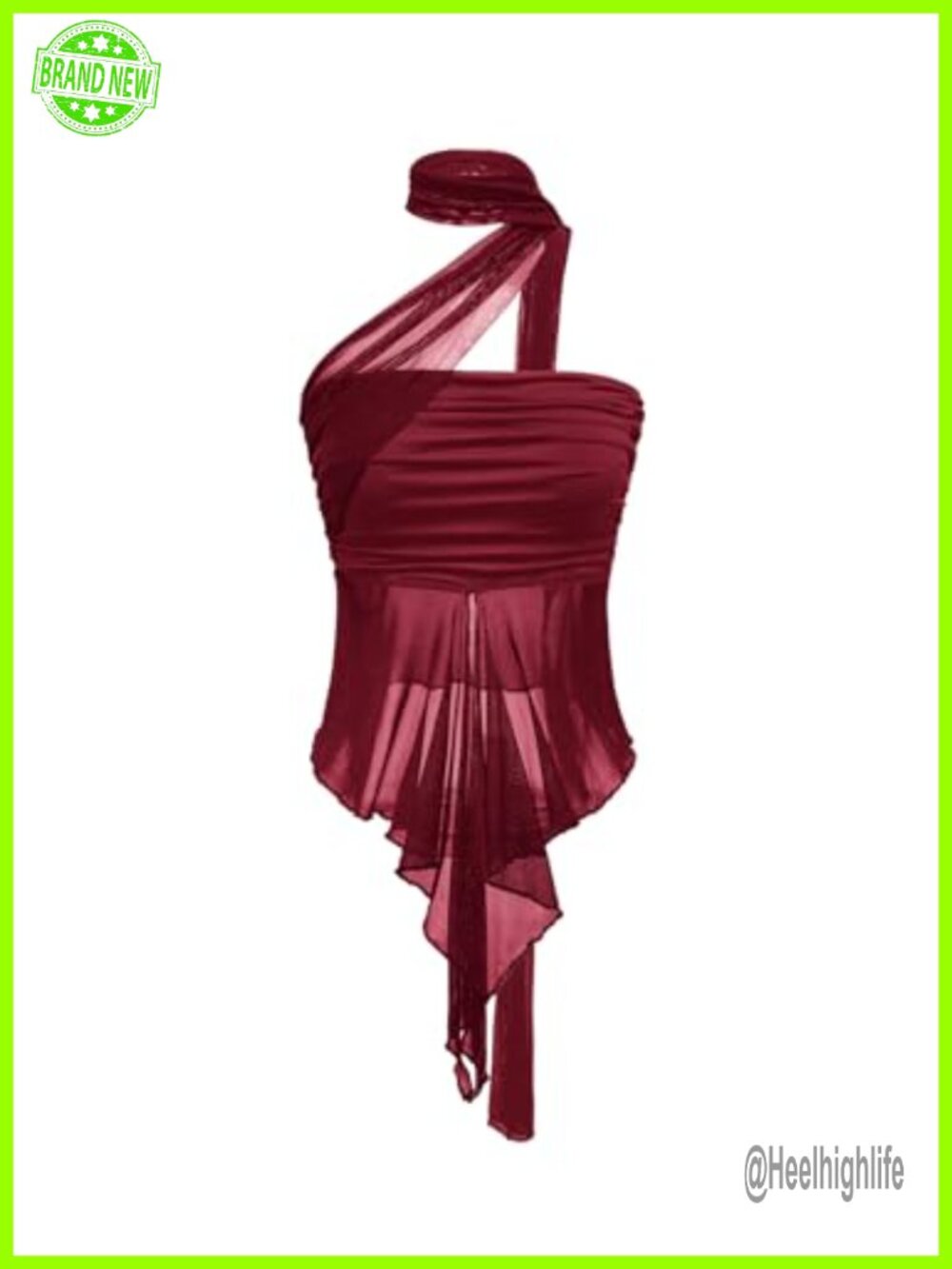 Sheer Ruffle Trim Halter Ruched Asymmetrical Y2K Crop Top High Stretch Knit